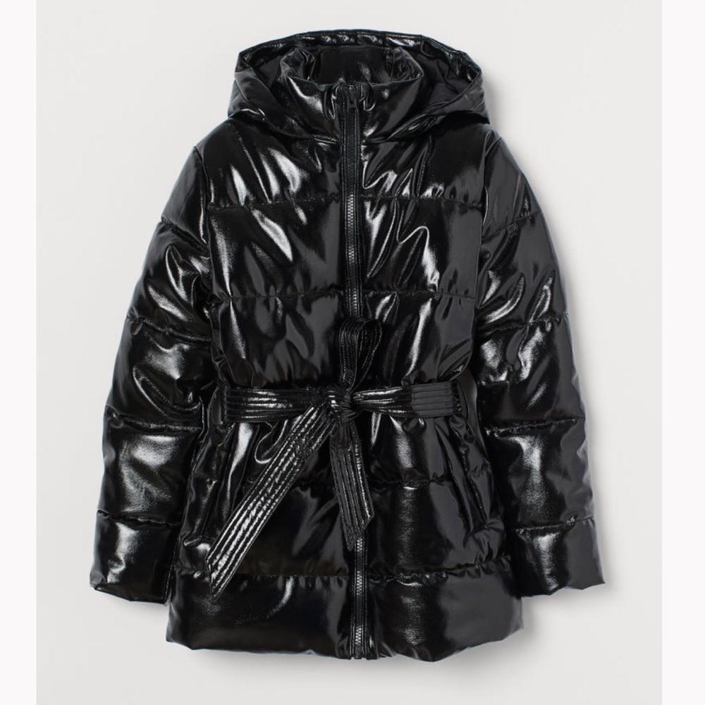 NWOT H&M Black Belted Faux Leather Puffer Jacket Size S